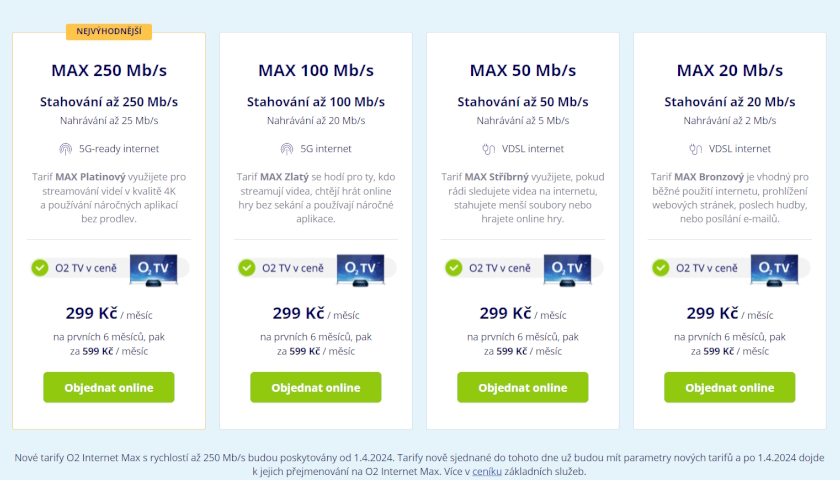 Nové tarify O2 Internet Max